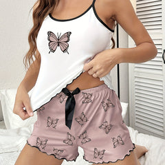 Butterfly Print Pajama Set Crew Neck Cami Top & Shorts Women's Sleepwear