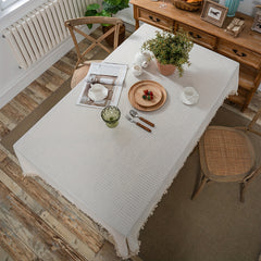 Beige Tassel Waffle Tablecloth Waterproof Rectangle Table Cover for Picnic