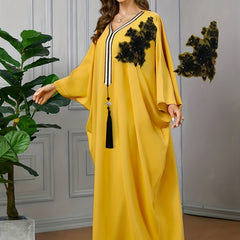 Floral Print Tassel Kaftan Dress V-Neck Maxi