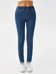 Elastic Waist Skinny Jeans Slim Fit Mid Stretch Versatile Denim Pants
