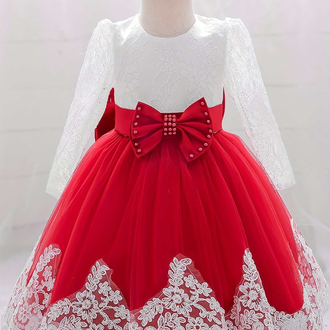 Baby Girls Floral Embroidery Long Sleeve Mesh Gown Princess Dress