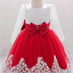 Baby Girls Floral Embroidery Long Sleeve Mesh Gown Princess Dress