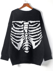 Goth Skull Print Sweater Long Sleeve Round Neck Stretch Jumper