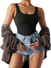 Ribbed Tank Bodysuit Square Neck Sleeveless Jumpsuit Solid Color