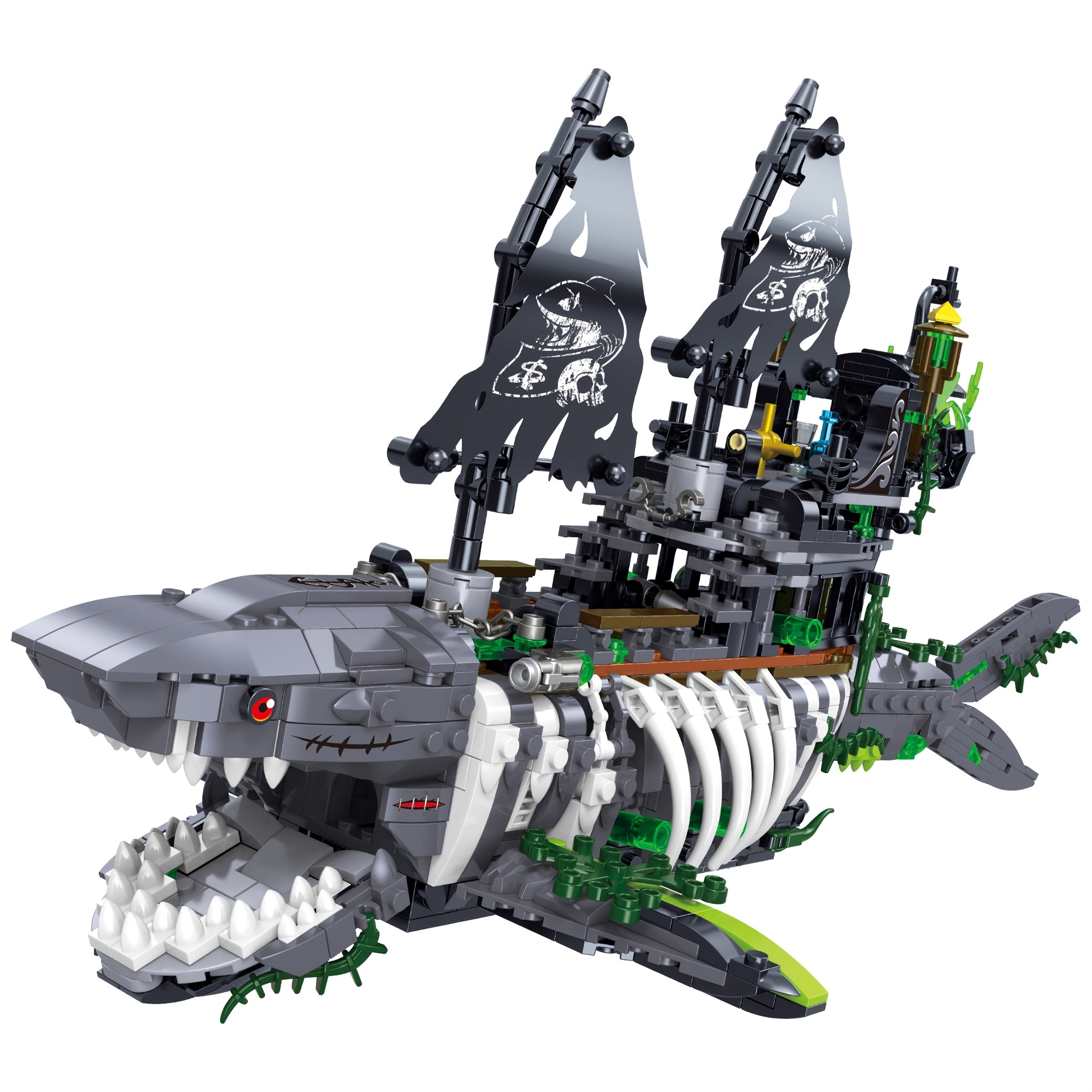 1155pcs Ghost Shark Pirate Building Blocks MOC Skeleton Crew Green Sails