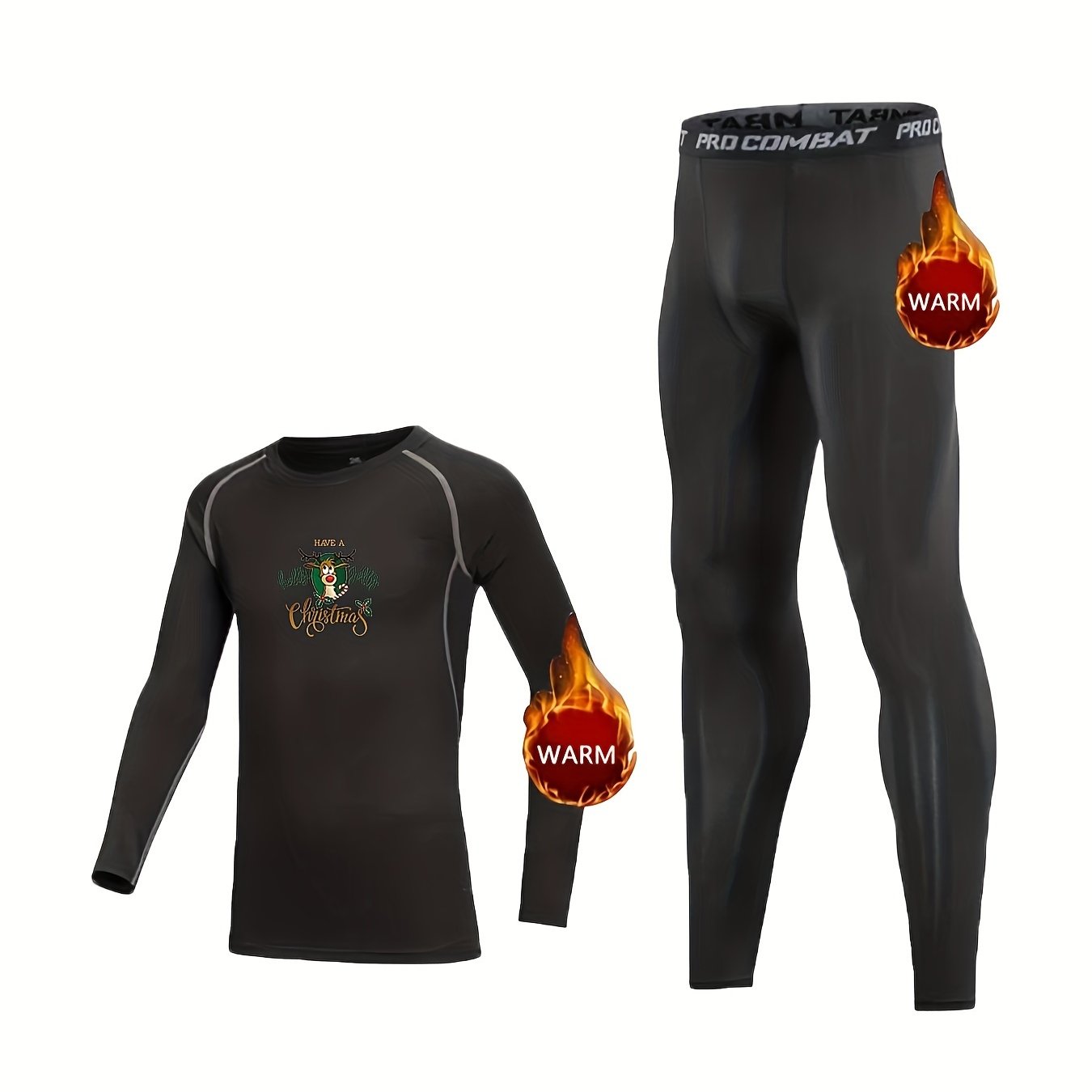 Kids Fleece Lined Compression Base Set Christmas Deer Print Tops & Leggings