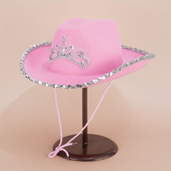 Y2K Pink Feather Cowgirl Hat Rhinestone Crown for Women
