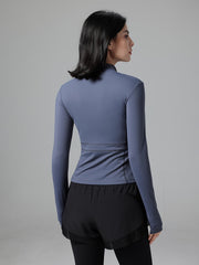 Solid Crew Neck Full Zipper Yoga Sports Jacket