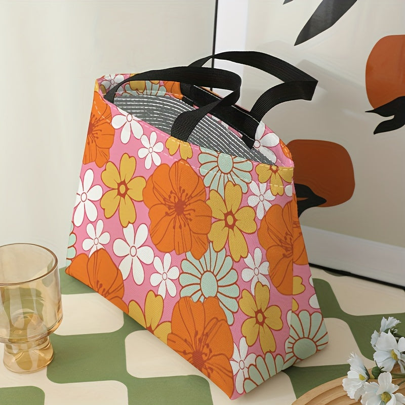 Orange Flowers Printed Lunch Bag Waterproof Insulated Large Capacity