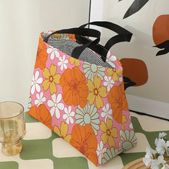 Orange Flowers Printed Lunch Bag Waterproof Insulated Large Capacity