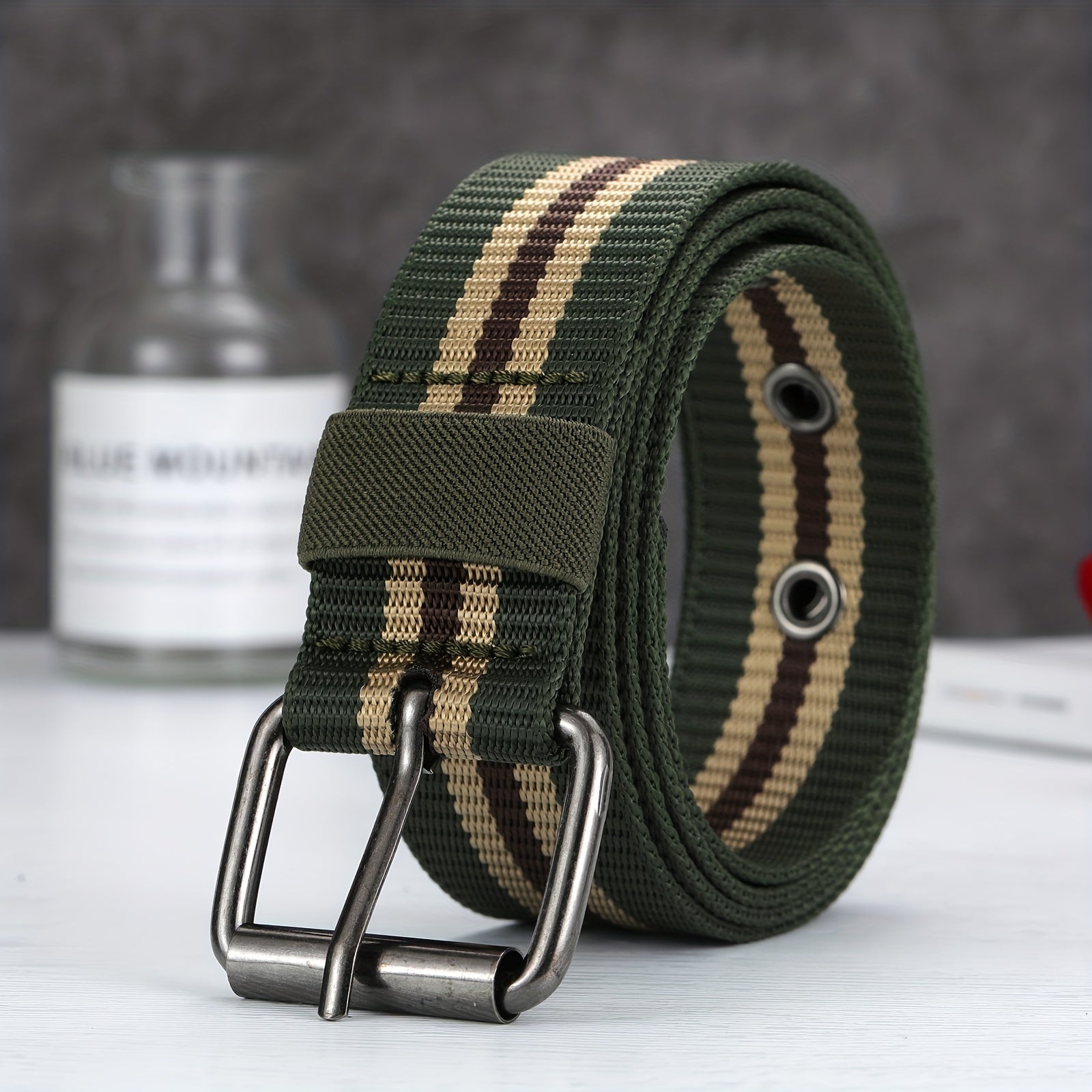 Men's Army Green Cloth Strap Square Belt