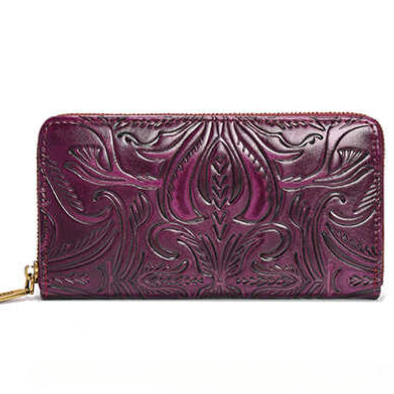 Floral Embossed Leather Clutch Zipper Closure Purple Coffee Brown