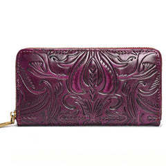 Floral Embossed Leather Clutch Zipper Closure Purple Coffee Brown