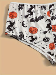 Witch & Bat Print Round Neck Bra & Panty Gothic Lingerie Set