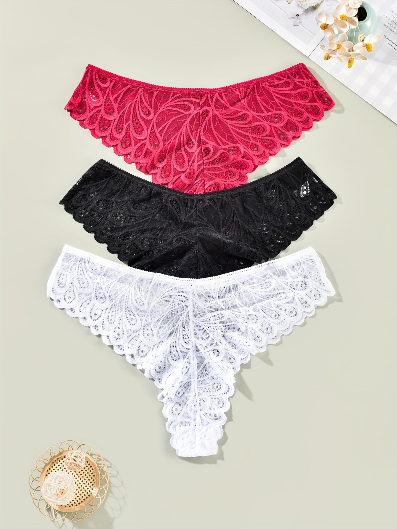 3 Pack Plus Size Lace High Stretch Briefs Set Women's Plus Solid Paisley Panties