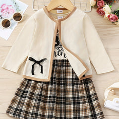Toddler Girl's Plaid Dress & Cardigan Set Letter Print Outfits