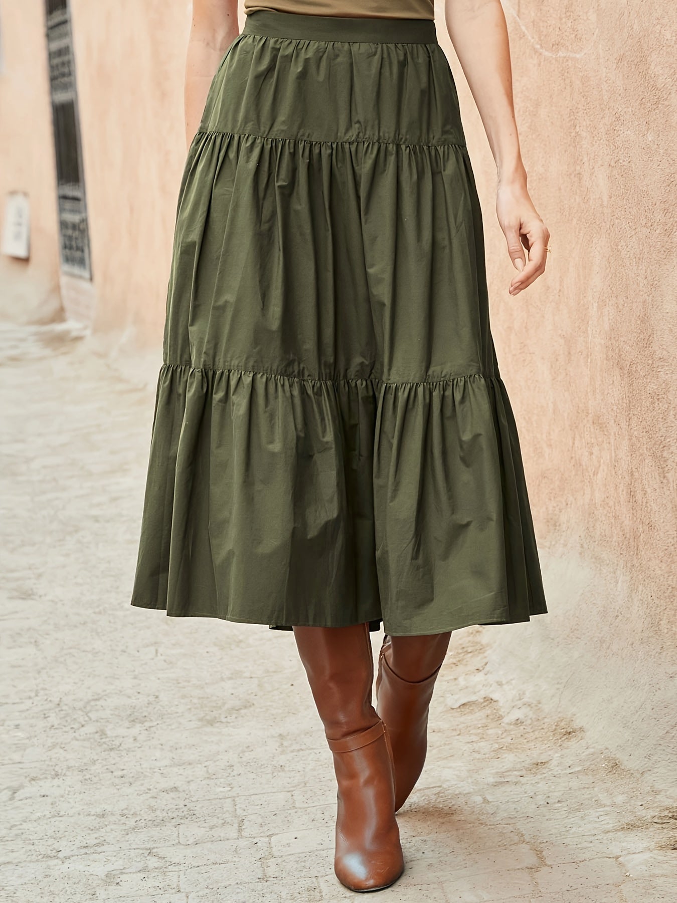 Solid Elastic Waist Pleated Smock A line Skirt