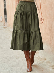Solid Elastic Waist Pleated Smock A line Skirt