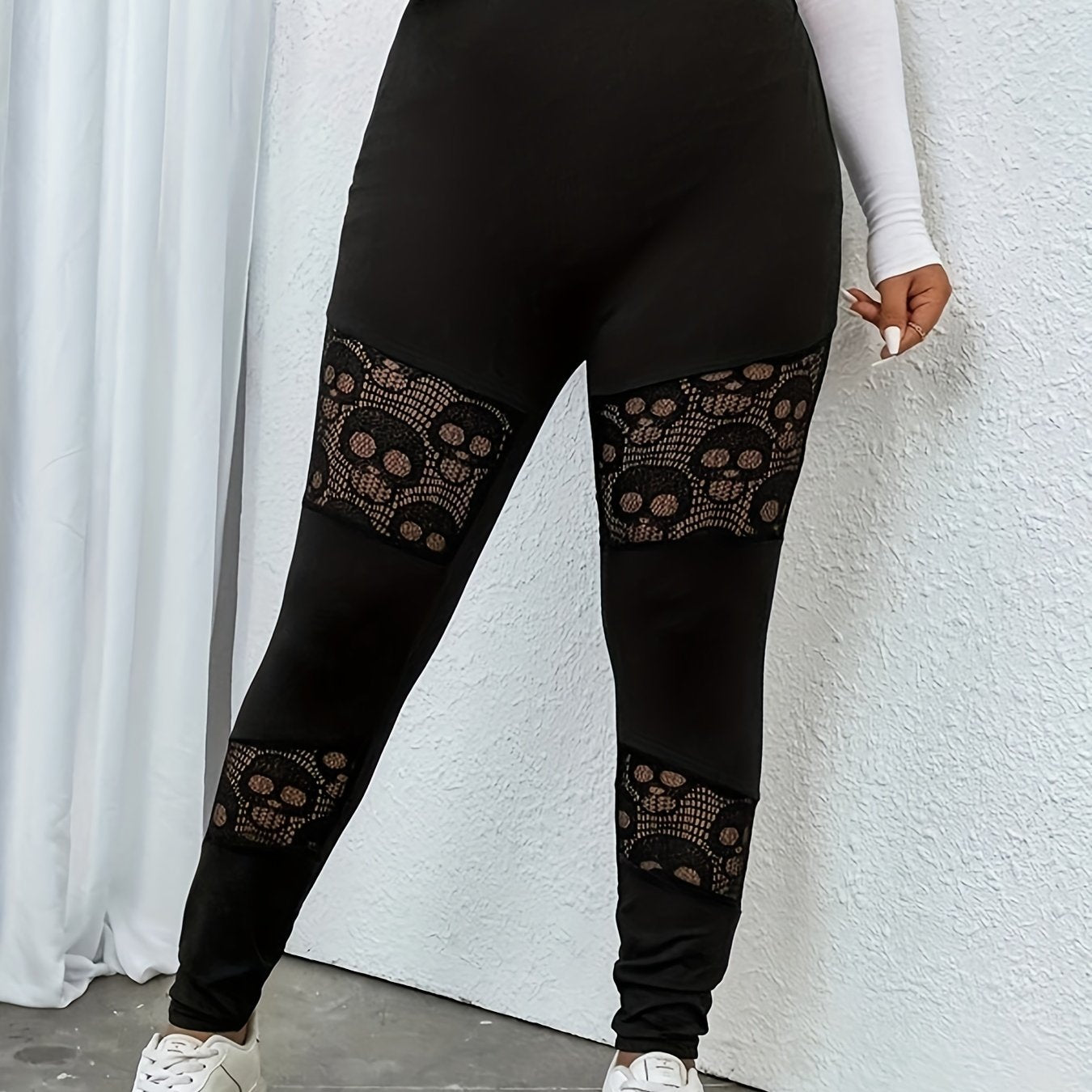 Halloween Sports Leggings Women's Plus Skull Patchwork High Rise