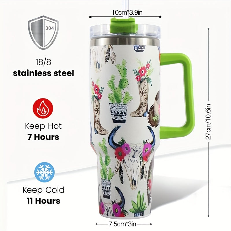 40oz Stainless Steel Vacuum Cup with Straw - Cactus Pumpkin Pattern