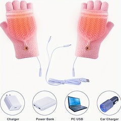 USB Heated Gloves Winter Mittens Knitting Fingerless Hand Warmer