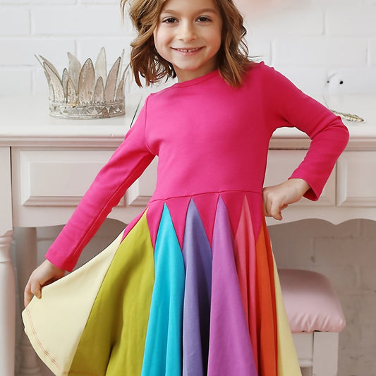Girls Long Sleeve Round Neck Block Rainbow Princess Dress Kids Clothes