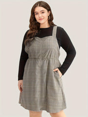 Preppy Outfits Long Sleeve Top & Plaid Overall Dress