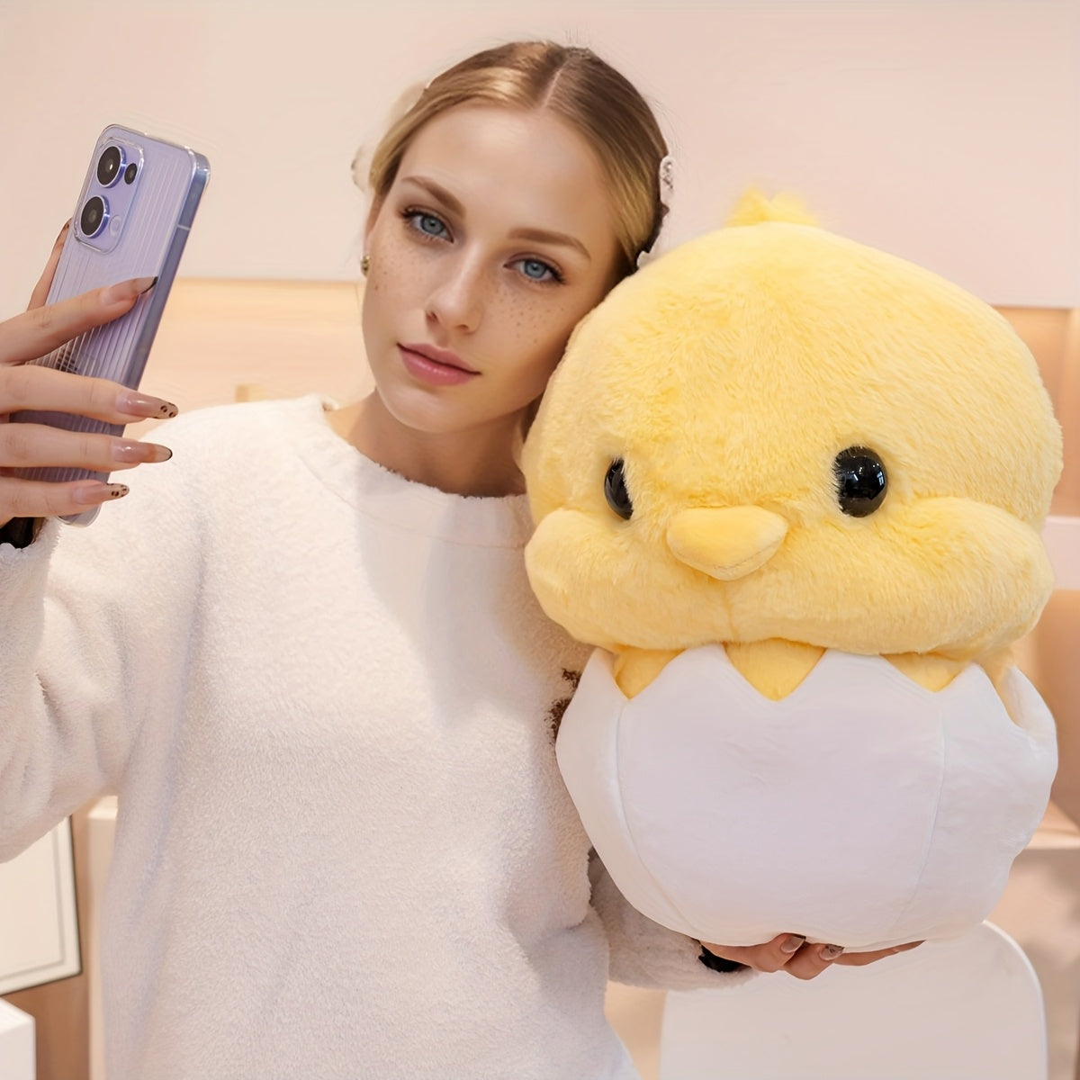 Soft Yellow Chick Plush Toy and Eggshell Stuffed Animal Pillow