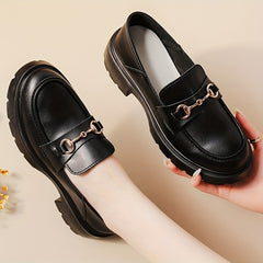 Women's Chunky Heel Loafers Buckle Round Toe Slip-On Shoes