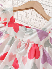 Colorful Heart Graphic Fly Sleeve Dress for Baby Girls