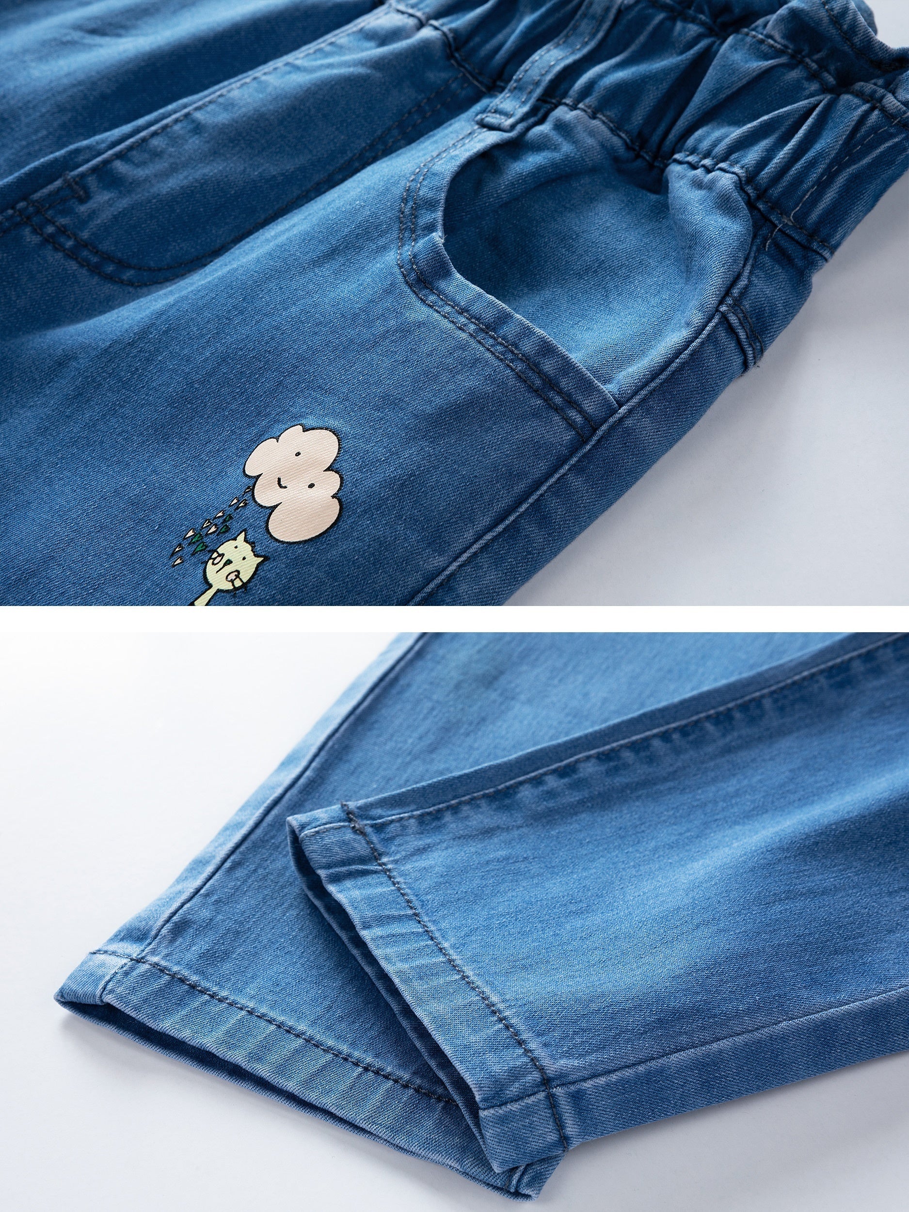 Girls' Paper Bag Waist Graphic Jeans Casual Denim Pants Kids Clothes