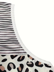 Colorblock Stripe & Leopard Print Loose Fit Tank Dress