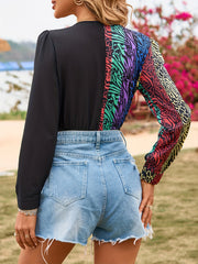 Graphic Print Contrast Bodysuit Surplice Neck Long Sleeve Bodysuit