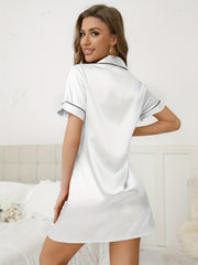 Heart Print Nightdress Short Sleeve V Neck Buttons Sleep Dress