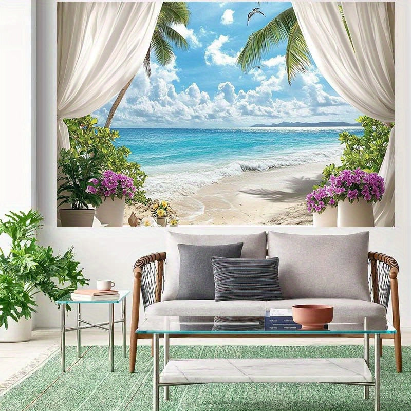 Tropical Beach Scene Backdrop with Palm Trees and Vibrant Flowers