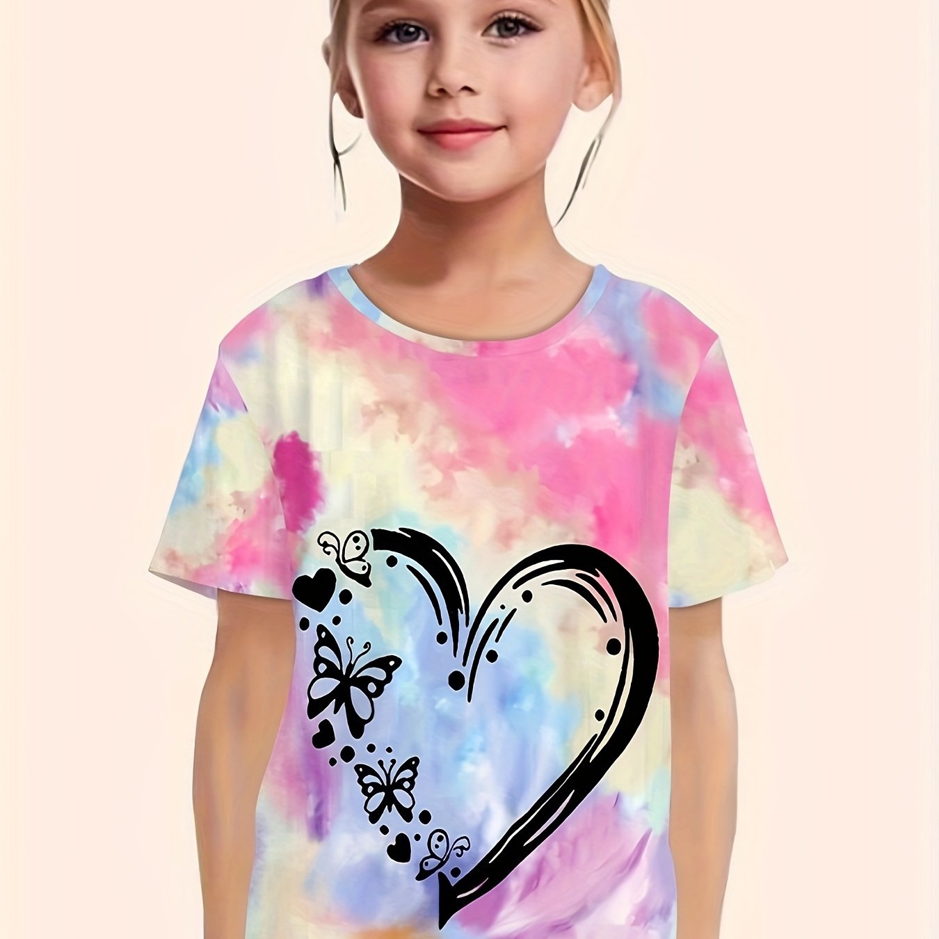 Tie Dye Heart Graphic Short Sleeve T-Shirt for Girls Summer Sports