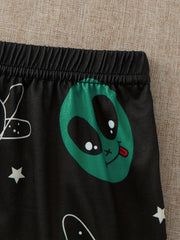 Alien Print Pajama Set Short Sleeve Crew Neck Top & Elastic Waistband Shorts