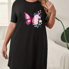 Floral Butterfly Print Sleep Dress Short Sleeve Round Neck Nightdress