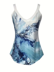 Marble Print V Neck Top Sleeveless Casual Summer Versatile