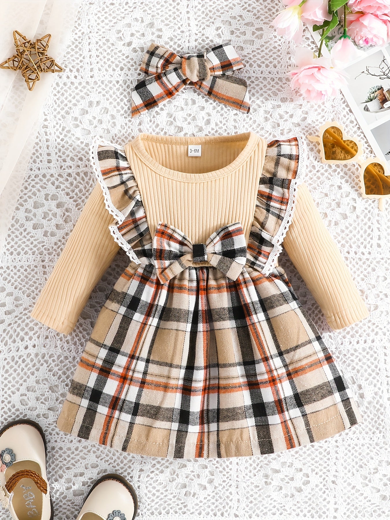 Baby Girl Ruffle Trim Plaid Dress Headband Set