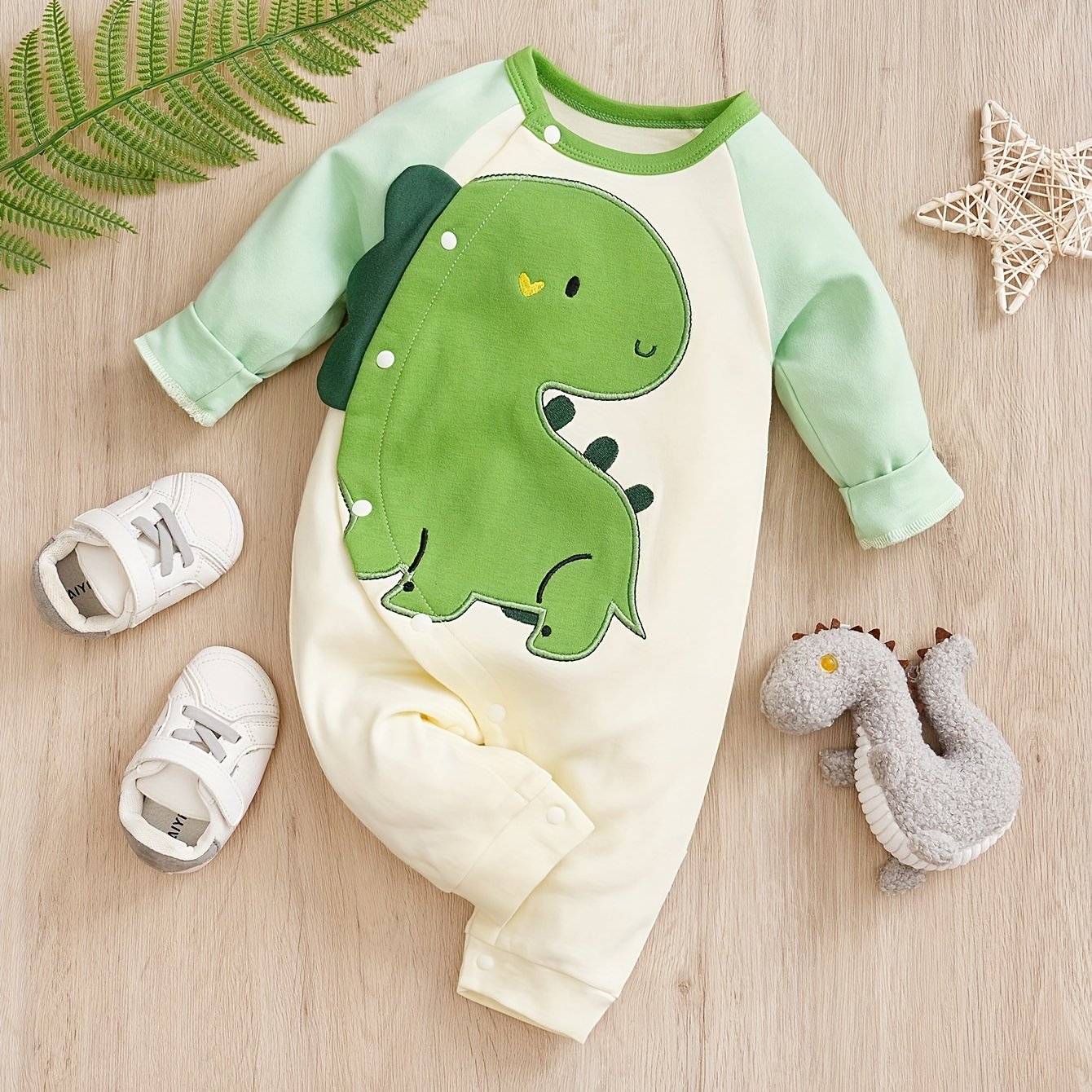 Cotton Dinosaur Pattern Stitching Long Sleeve Baby Bodysuit