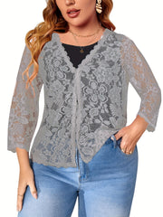 Women's Plus Floral Jacquard Crochet Long Sleeve Cardigan