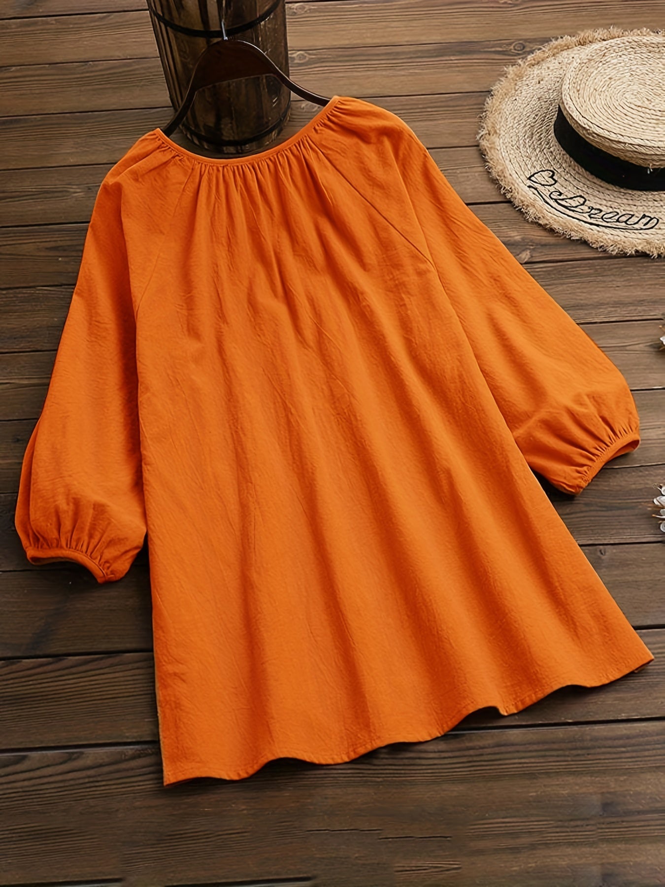 Solid Long Sleeve Round Neck Keyhole Tie Blouse