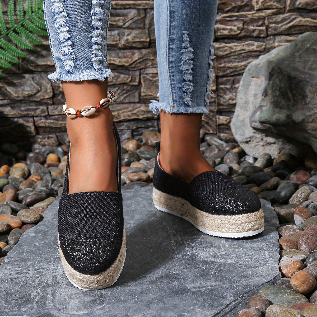 Women's Glitter Platform Espadrilles Slip On Shoes