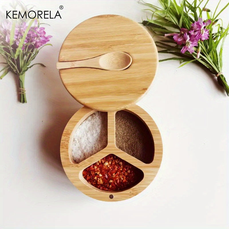 Rotating Bamboo Seasoning Box with Spoon for Spices Sugar Salt Kitchen Gadget