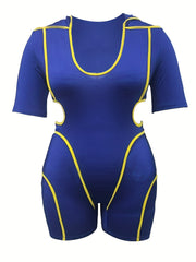 Sports Romper Women's Plus Contrast Trim Short Sleeve