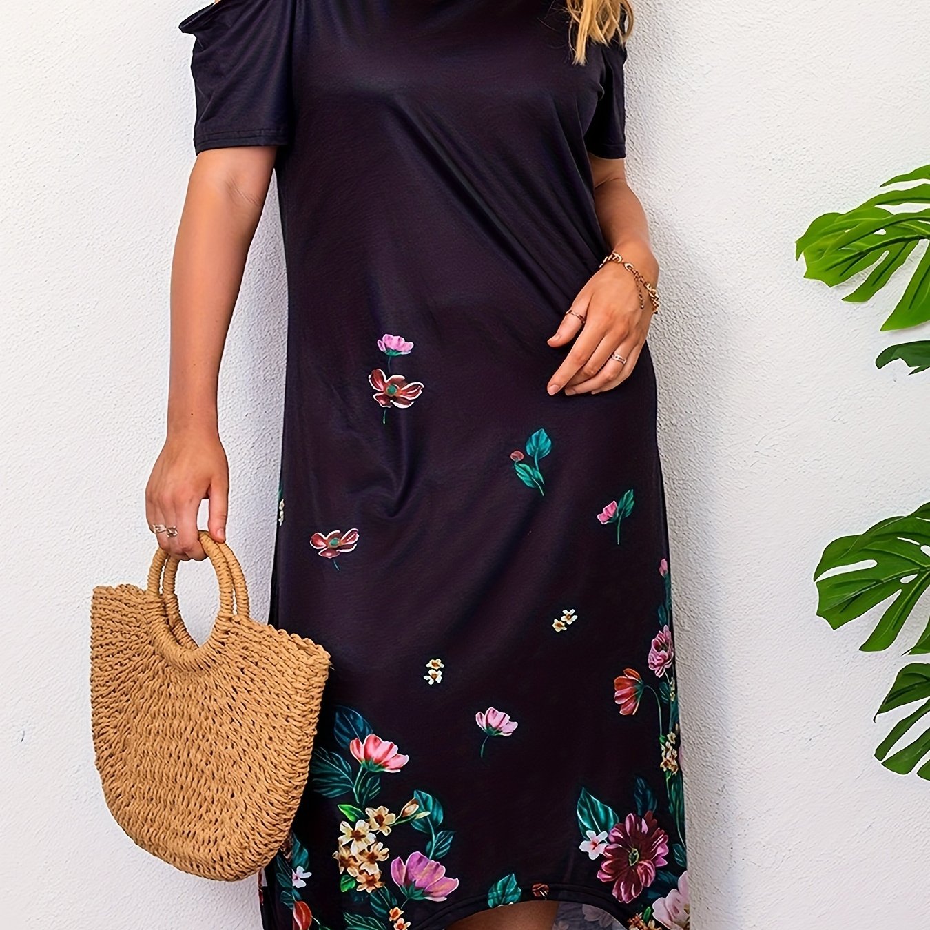 Women's Plus Floral Cold Shoulder Maxi Dress
