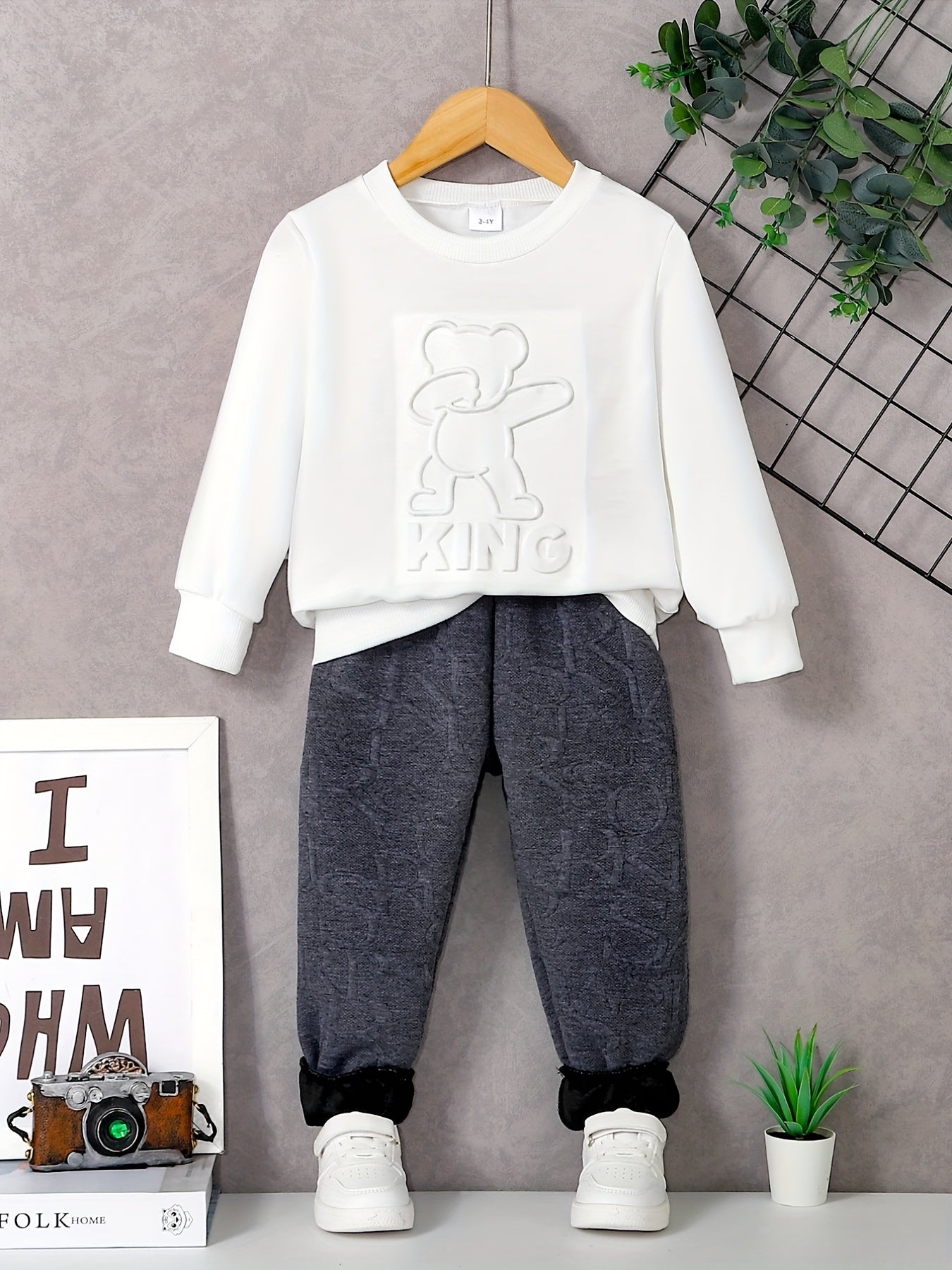 Bear Jacquard Boy's 2pcs Sweatshirt & Sweatpants Set Spring Fall