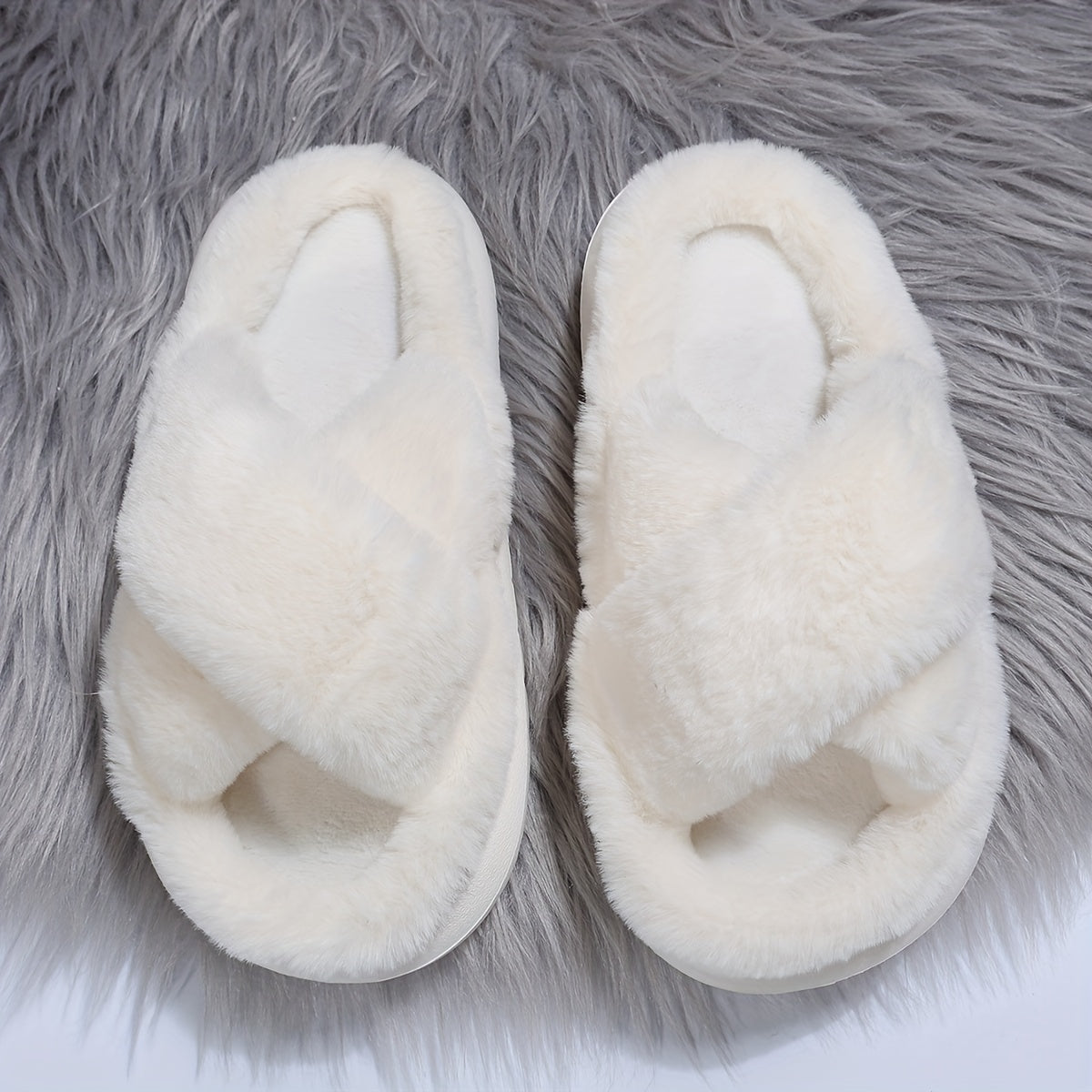 Plush Platform Slippers Cross Strap Slip On Comfortable Indoor Shoes