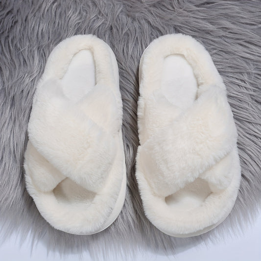 Plush Platform Slippers Cross Strap Slip On Comfortable Indoor Shoes
